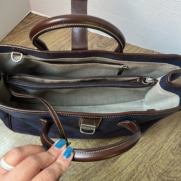 Dooney & Bourke Canvas Signature Double Handle Tote Leather Navy Blue Brown - Picture 12 of 17
